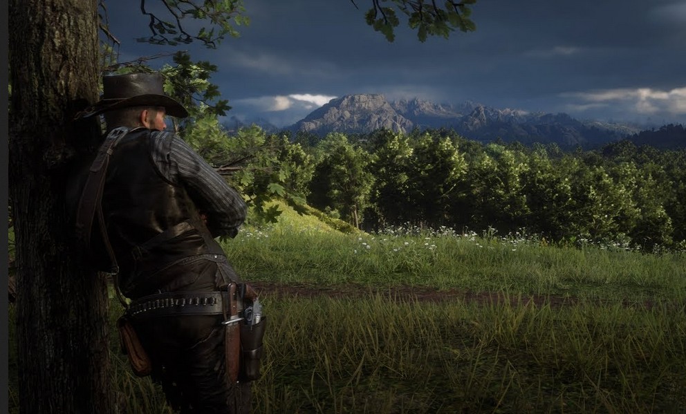 Red Dead Redemption 2 - Ковбой, прислонившийся к дереву, смотрит на горный пейзаж.
